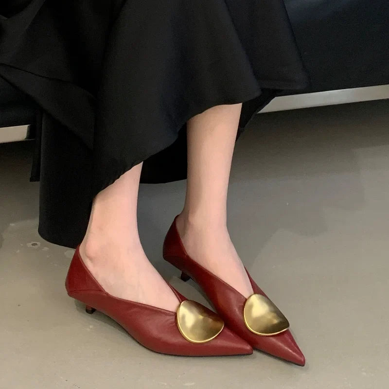 2025 Autumn New Brand Women Pumps Shoes Fashion Gold Metal Shallow Slip on Single Shoes Thin Low Heel Dress Pumps