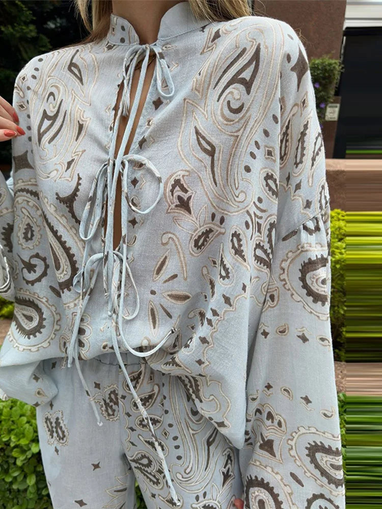 Casual Printed Women's Shirt Trouser Suits Lace Up Long Sleeve Loose Wide Leg Pants Lady Set 2026 Autumn Female 2 Pieces Set New