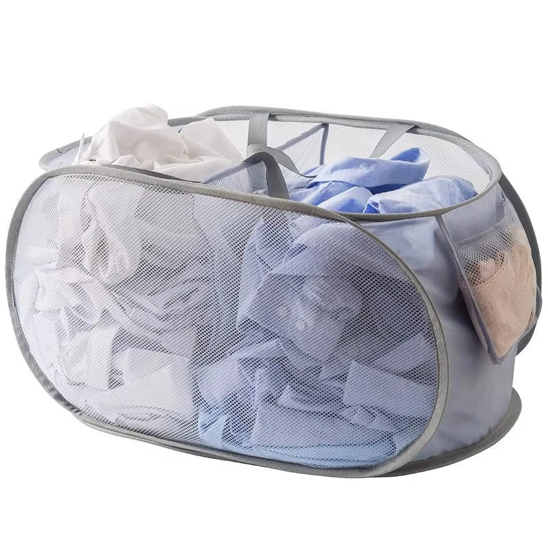 Durable Collapsible Laundry Basket, Mesh Pop Up Laundry Hamper With Side Pocket, Foldable Clothes Storage Hamper With Reinforced