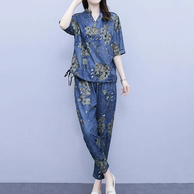 2026 New Korean Sets Women Summer Loose Short Sleeves Printing Tops+ Elastic Waist Pants 2PCS Female Retro Casual Suit Lady 5XL