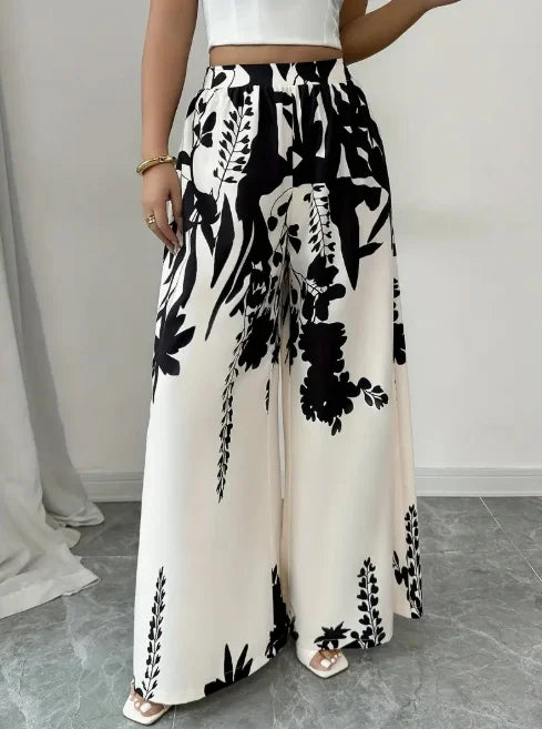 Women Black Ink Floral Print Wide Leg Pants Elastic High Waist Silky Satin Palazzo Trousers Summer Vacation Casual Loose Long Pants Beach Bottoms Vestidos