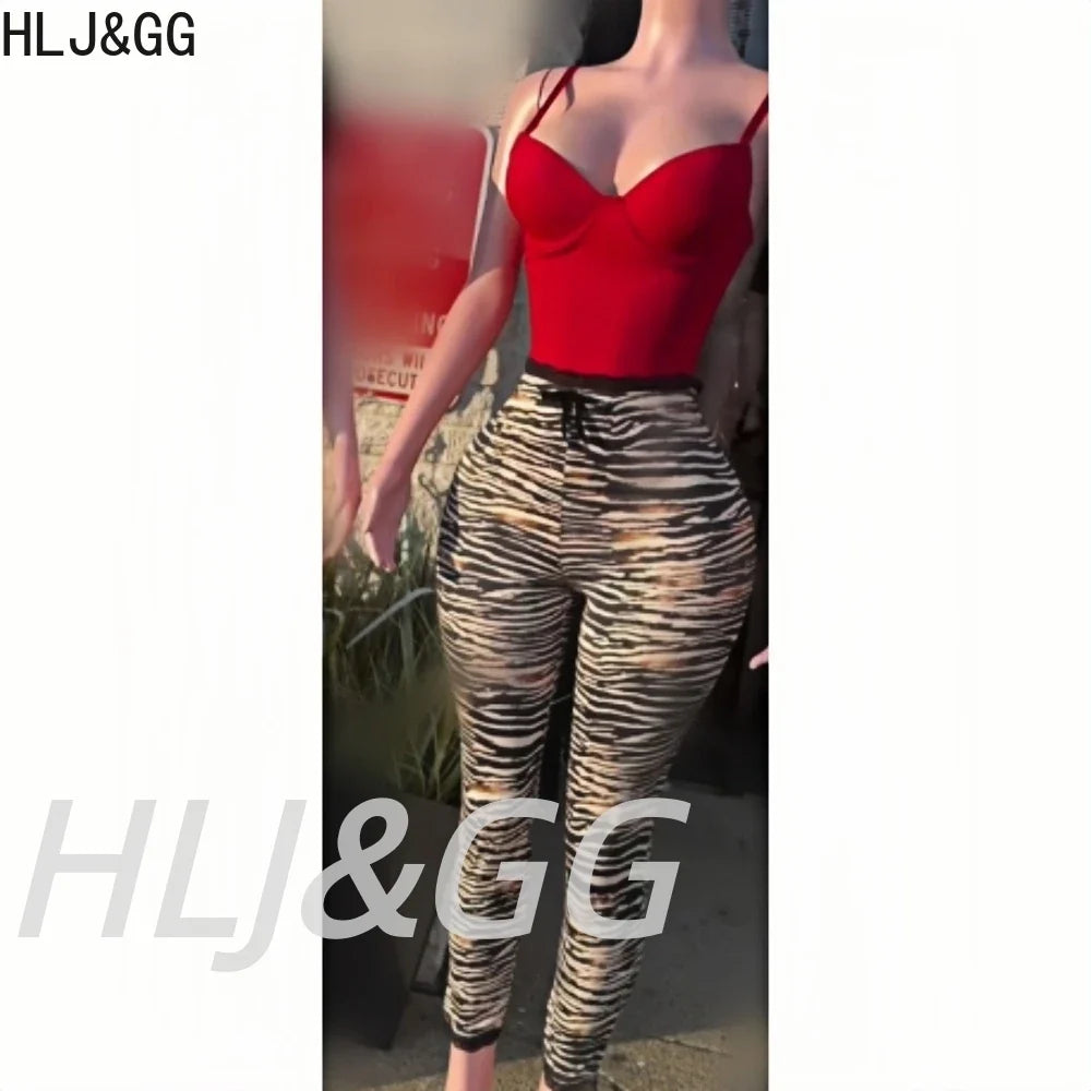 HLJ&GG Y2K Fashion Letter Print Slim Top Two Piece Sets Women O Neck Short Sleeve Crop Tshirts And Leopard Print Pants Outfits