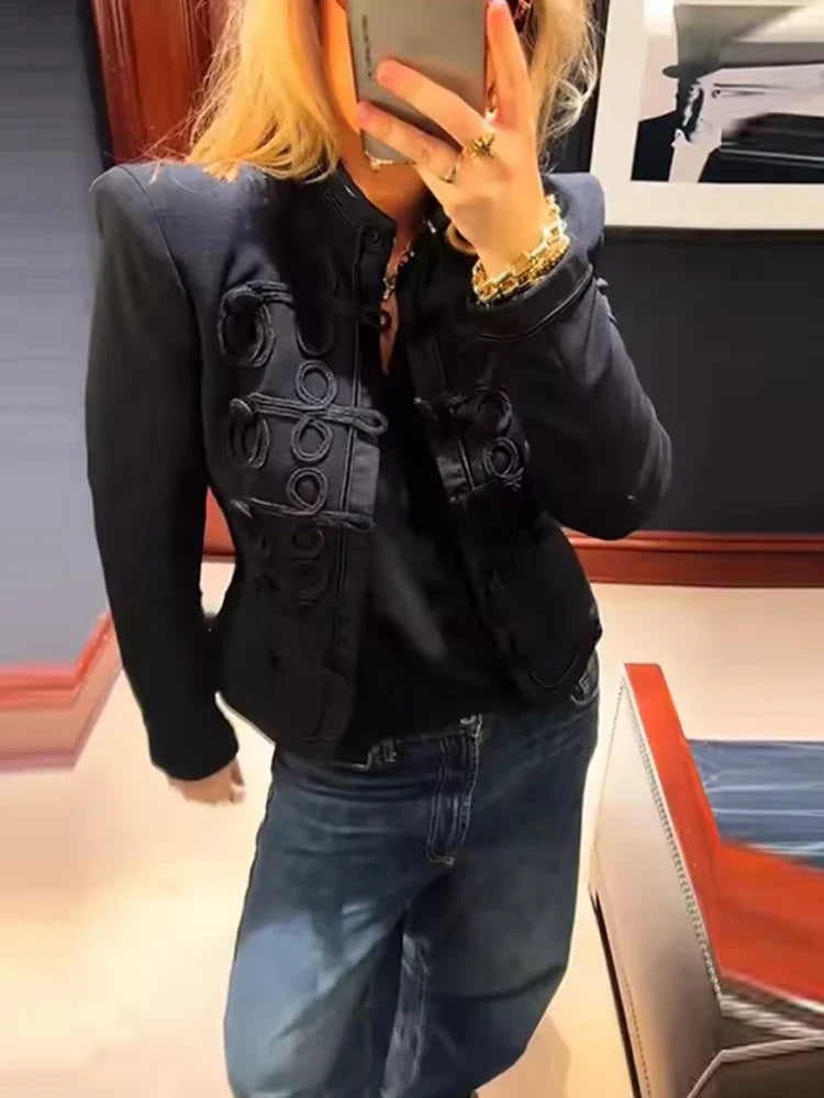 Retro Denim Military Jacket Women Vintage Solid Single Breasted Stand Collar Slim Short Jackets 2026 Lady Daily Street Outerwear