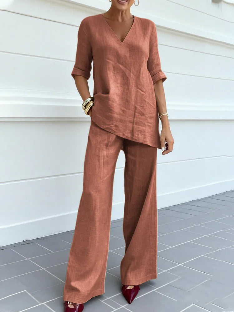 Women's Two-piece Set 2026 Mid-sleeve V-neck Top Straight Pants Spring Summer Women's New Casual Cotton Linen Solid Color Suit
