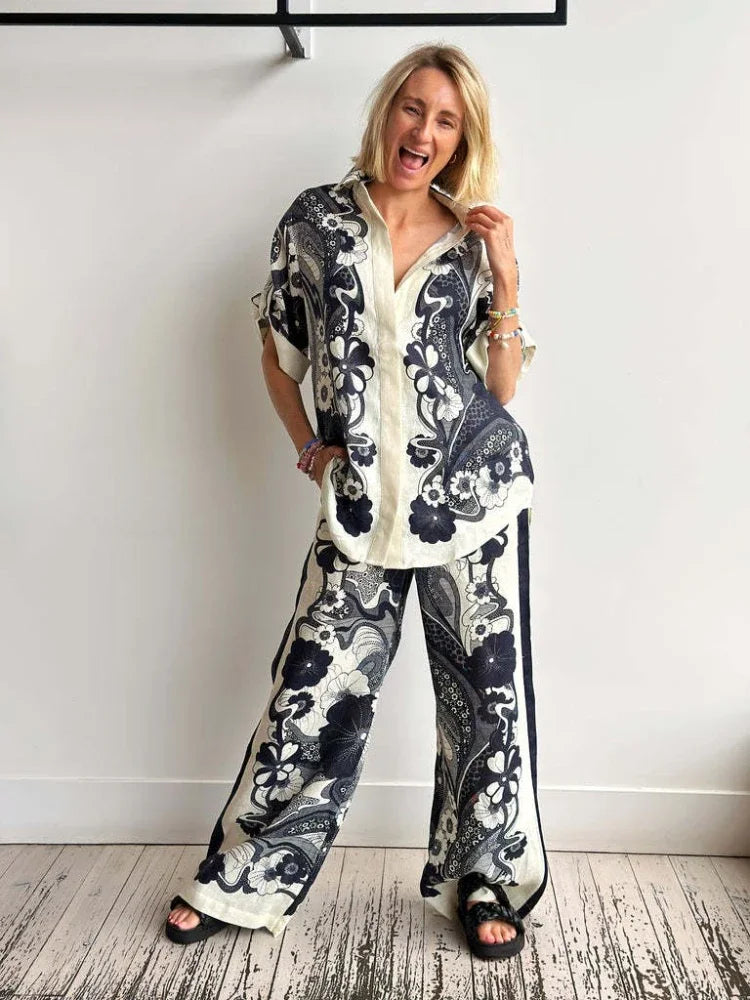 Women's Summer Versatile 2-Piece Set Printed Short Sleeve Shirt Top with Loose Wide Leg Pants Casual Fashion Outfit