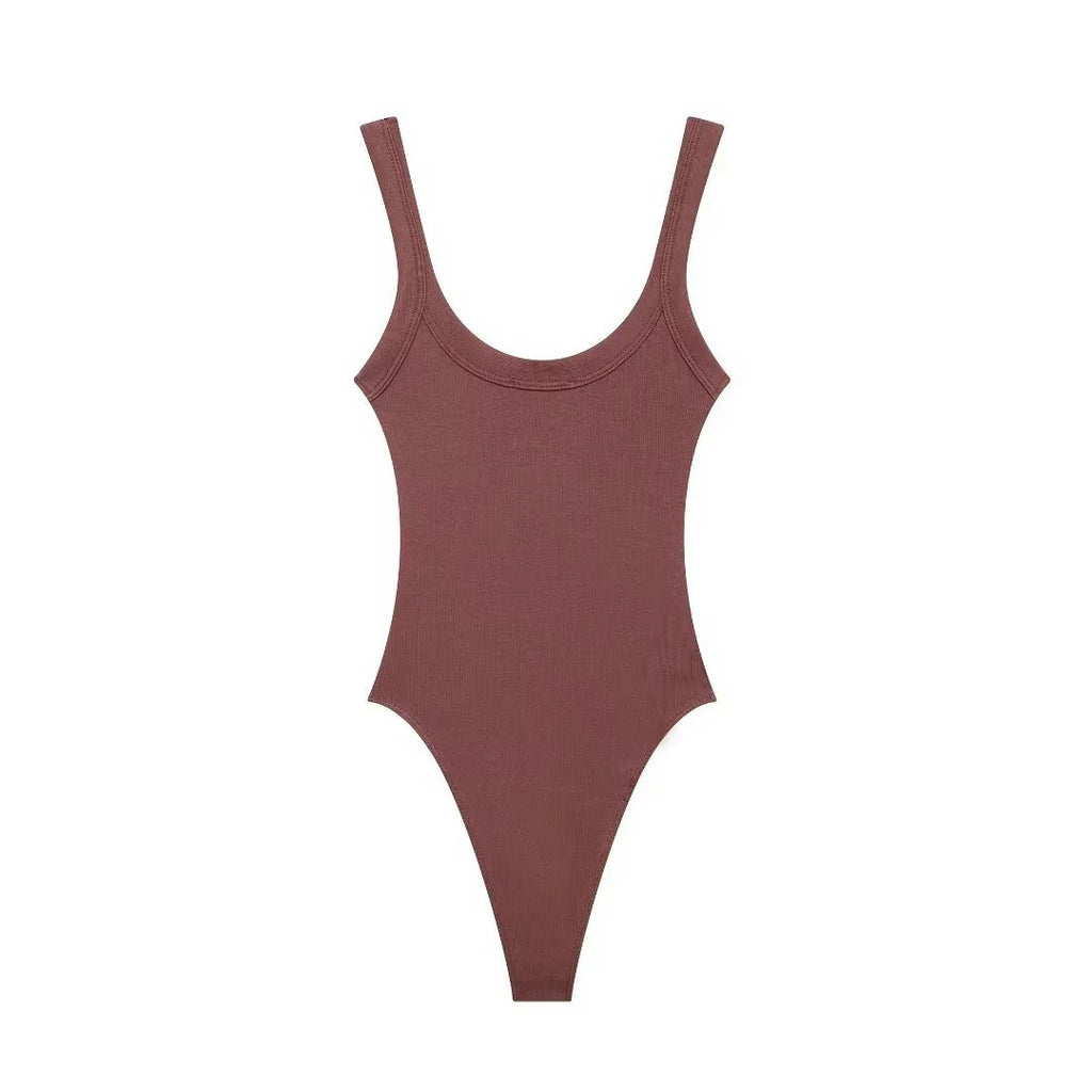 Women's Skinny Ribbed O-Neck Bodysuits with Straps Snap-Button Sexy Fashion Playsuits Comfortable Stretchy Female Clothing