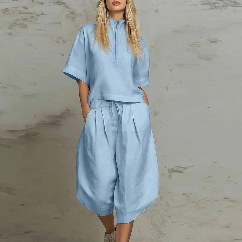 Summer Zipper Half Sleeve Shirt High Waist 3/4 Length Pants Suit Women Comfortable Two Piece Set Female Tracksuits