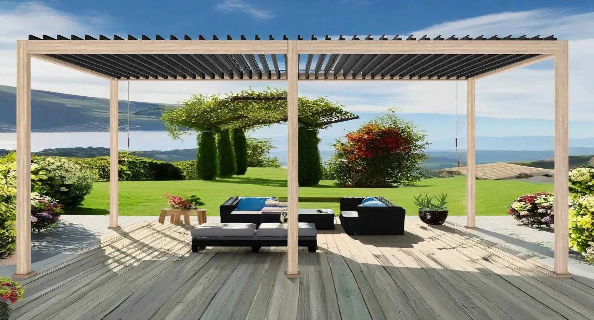 Bioclimatic Motorized Aluminum Pergola - Adjustable Louvered Roof Garden Gazebo