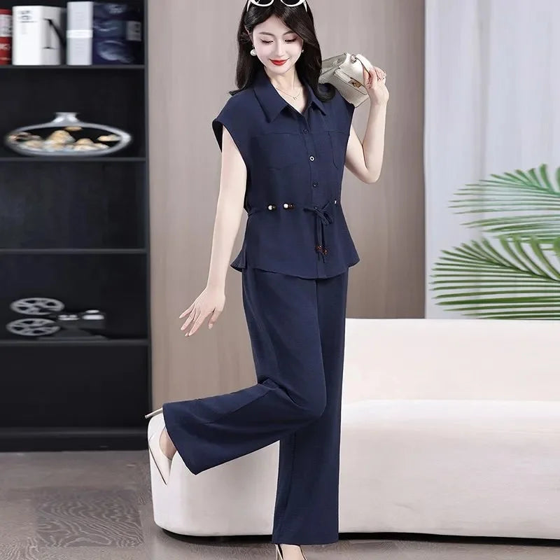 Women Large Size 4XL Casual Outfit Summer Female Fashion Ice Silk Shirt Two-piece Set Korean Ladies Short Sleeved Pantalons 2PCS