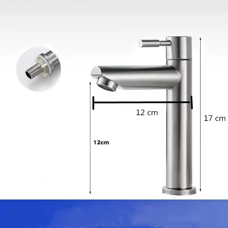 Stainless Steel Single Cold Water Tap Black Basin Fauct Silver Deck Mounted Lengthening and Raising Basin Sink Tap