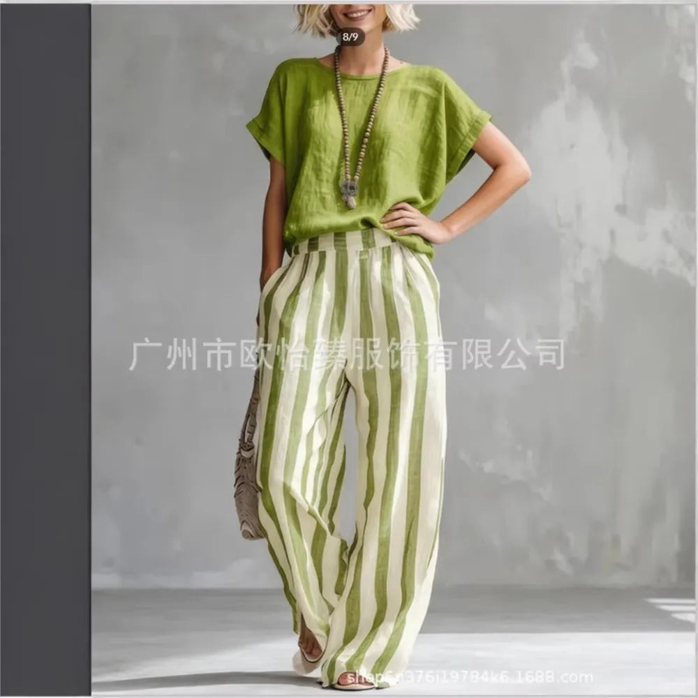 Fashion Linen Printed Striped Trousers Short-sleeved Women 2piece Set Summer New Retro Loose Wide-leg Trousers Female Casual Set