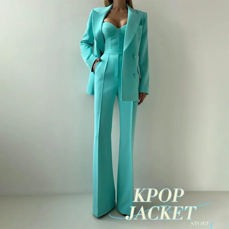 Solid Suit Jacket Corset Pants 3 Piece Set Women Corset Lapel Coat Straight Pants Lady Set 2026 Summer Autumn Commute Outfit New