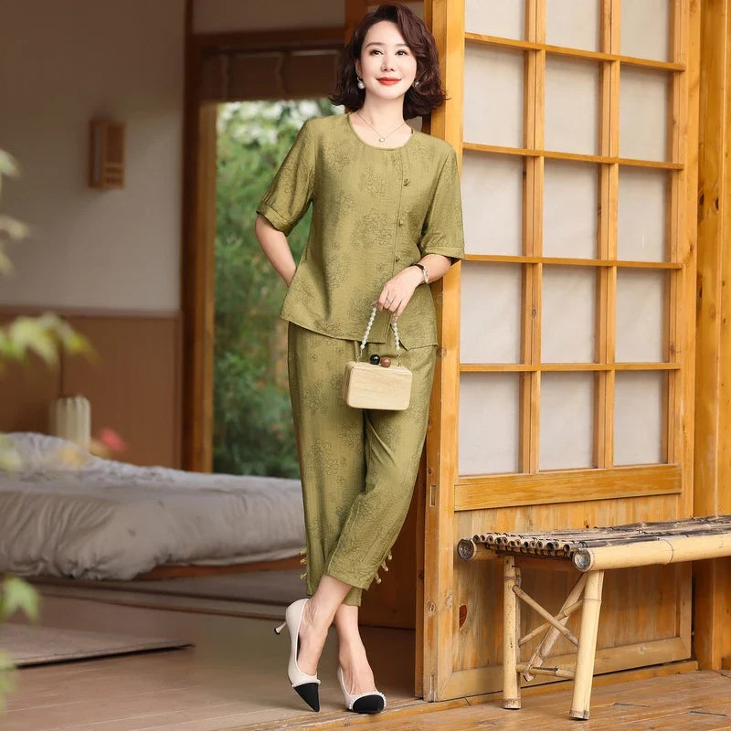 Fake Button T-shirt+pants Summer Embossed Knit Set Women's Fashion Casual Set Short Sleeved Classic Tops 2024 Plus Size Women