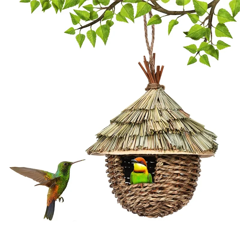 Hand-Woven Natural Grass Bird House - Hanging Outdoor Hummingbird Nest