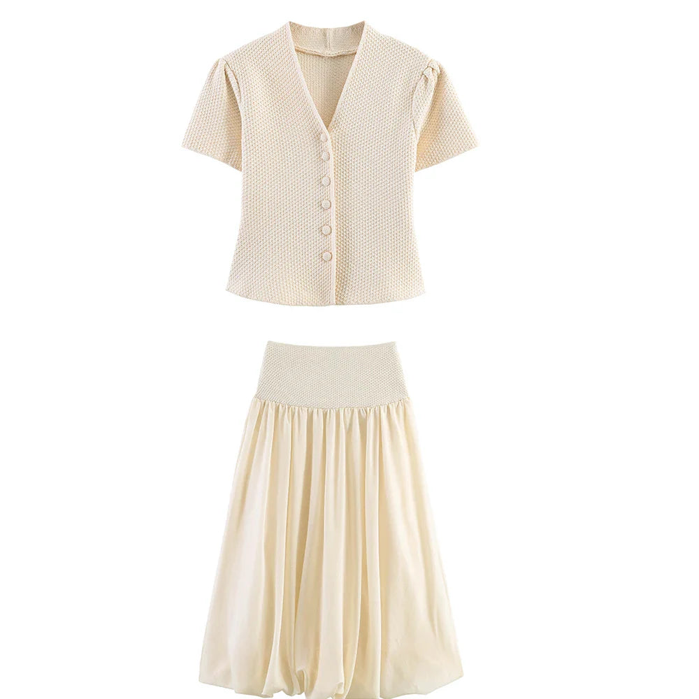 Summer minimalist style V-neck slim fit structured knit short sleeved knitted jacket with suspender short top and half skirt