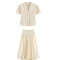 Summer minimalist style V-neck slim fit structured knit short sleeved knitted jacket with suspender short top and half skirt