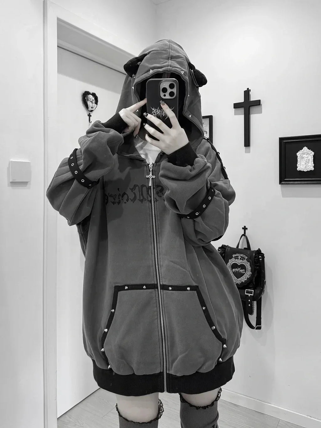 Streetwear Harajuku Hoodies Jackets Women's Clothing Hooded Punk Zipper Coat Japanese Rivet Print Vintage Casual Y2k Sweatshirts