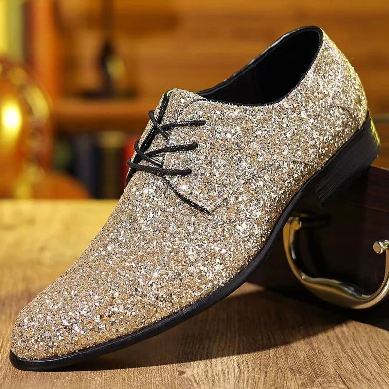 Luxury Men Dress Shoes Gold Silver Sequin Wedding Shoes High Quality Lace-Up Oxford Shoes Fashion Designer Men Flats Large Size