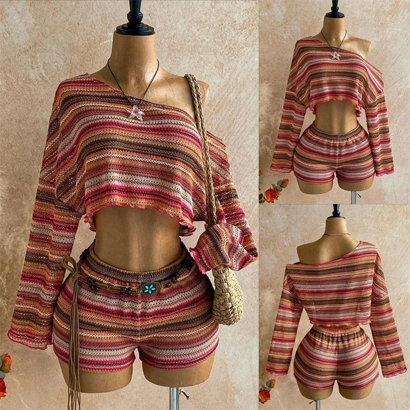 Boho Asymmetrical Off Shoulder Striped Knit Two Piece Set Women Long Sleeve Crop Top High Waist Shorts For Summer Vacation