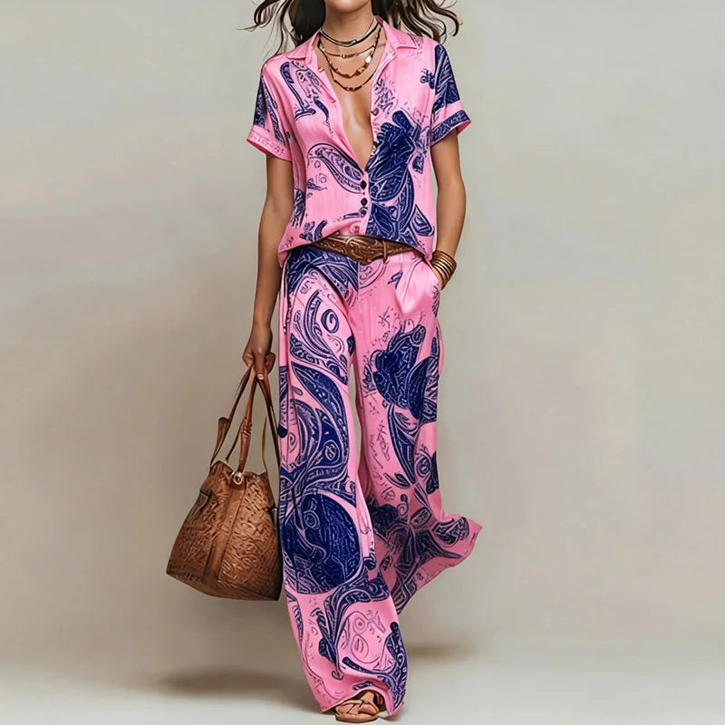 Vintage Printed Two Piece Suits Women Glossy V Neck Pocket Short Sleeve Tops & Wide Leg Trousers Sets Chic Holiday Travel Outfit