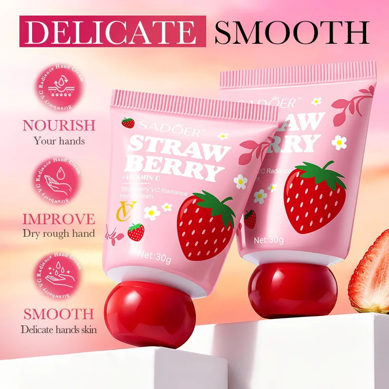Strawberry VC Hand Cream - 30g Brightening Moisturizer for Winter, Repairs Dry Cracked Skin, Lightweight Fast Absorbing Formula