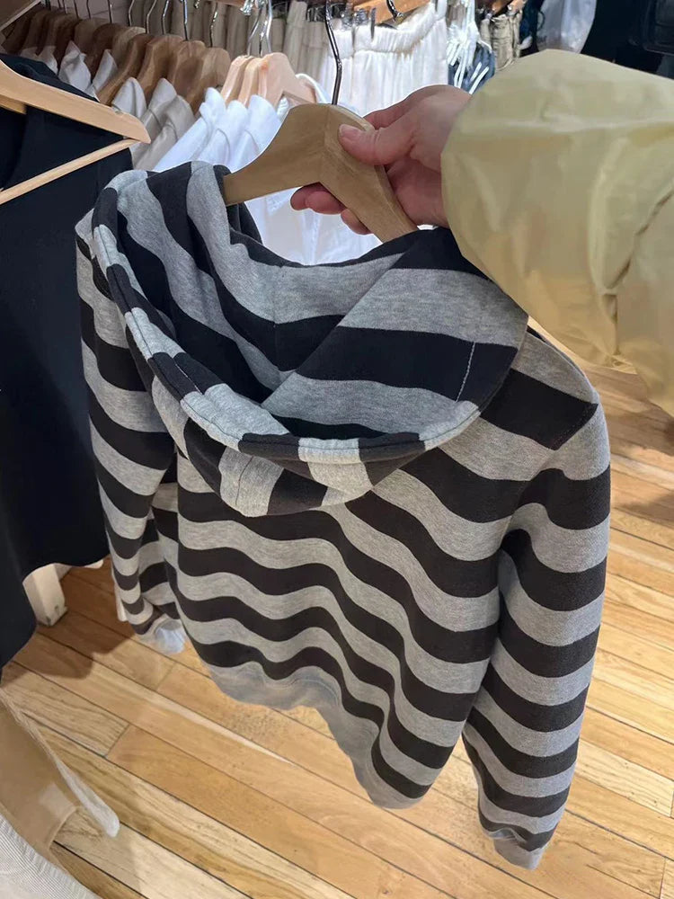 Striped Patchwork Zip-up Hoodie Autumn Cotton Pocket Drawstring Hooded Sweatshirt Women Y2k Streetwear Vintage Loose Tops Jacket