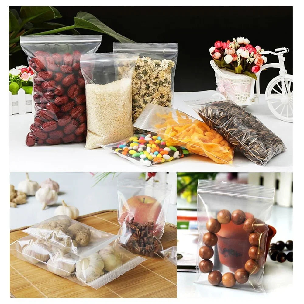 100 Pcs/Pack 5-12 Wire Self Seal Clear Plastic Poly Resealable Ziplock Bags Food Storage Fresh Package Reclosable Multi Size