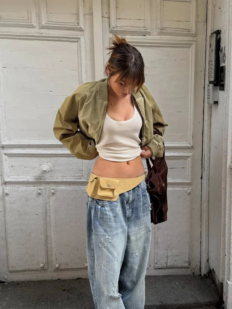 Fashion Short Bomber Jacket Women Casual Long Sleeve Round Neck  Zipper Loose Cropped 2026 Jackets Lady Spring Street Outerwear
