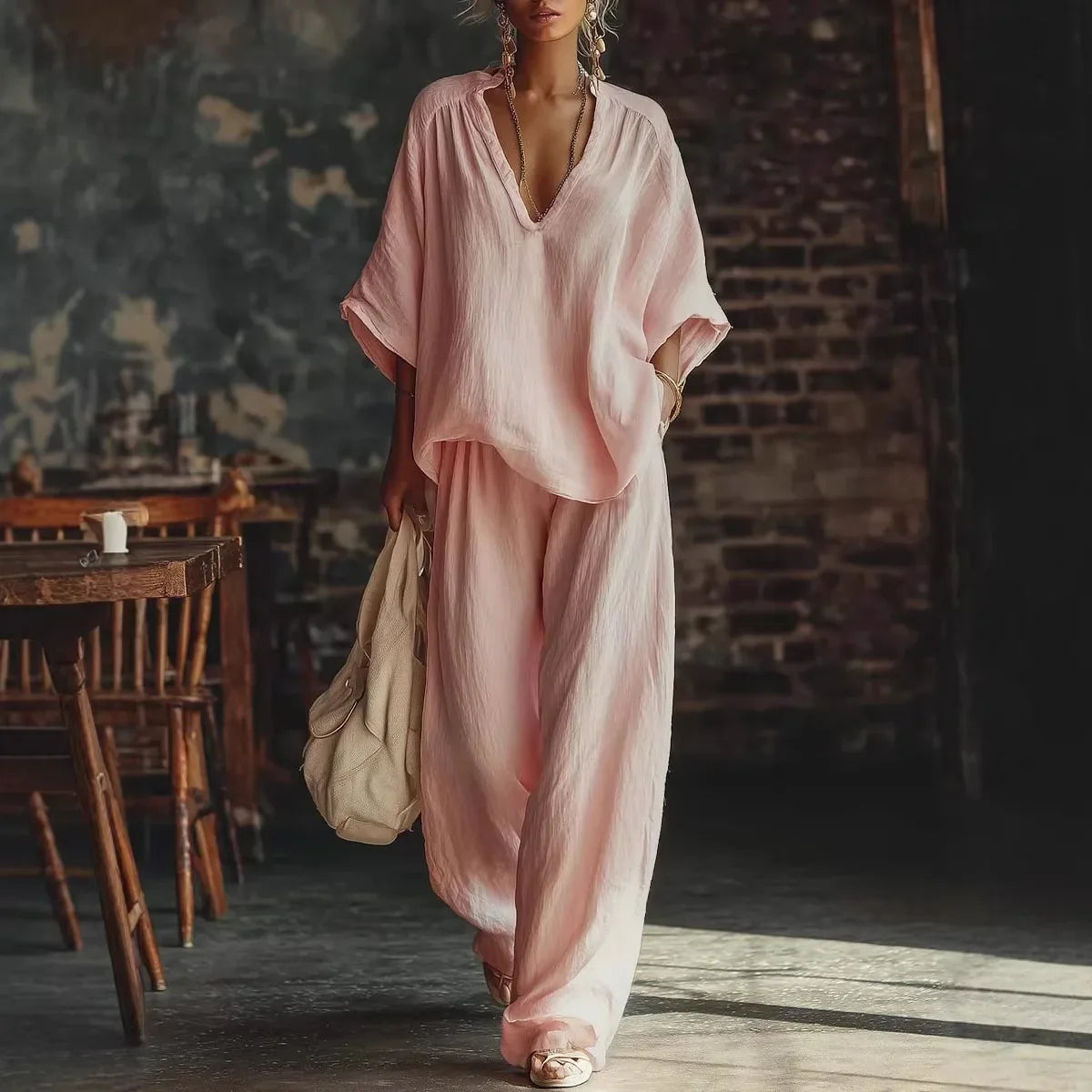 Fashion V Neck Short Sleeve Top Suit Women's Set Spring Summer Loose Blouse Top Wide Leg Trousers Female Vacation 2 Piece Set