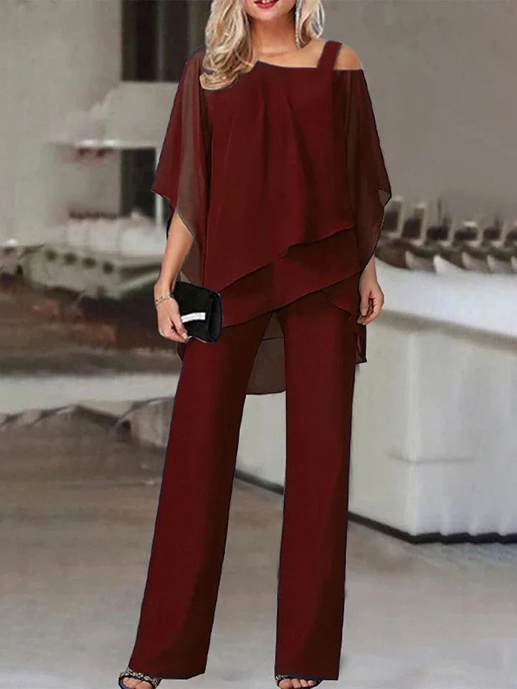 New Matching Collection Fashion Women's Bat Sleeve Top Casual Off Shoulder Party Elegant Wide Leg Pants Women's Two Piece Set