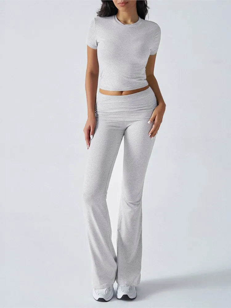 Women Casual Bodycon Two Pieces Set Short Sleeve Crop Top Slim High Waist Running Tracksuit Suit Summer Pants Outfit 2PCS
