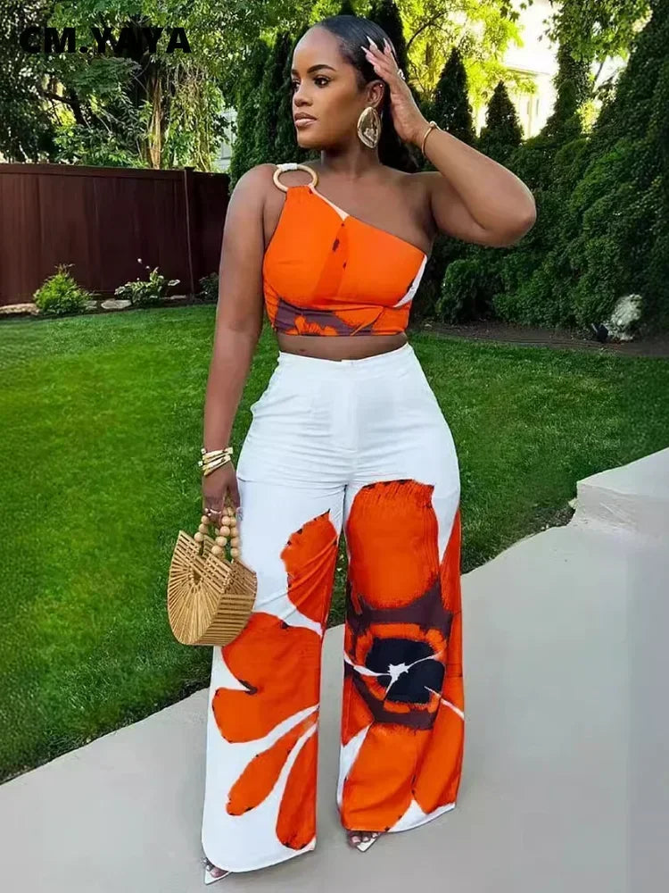 Women Set Floral Print Sleeveless Skew Collar Tops +Wide Leg Pants Two 2 Piece Set Outfit  Summer Street Tracksuit