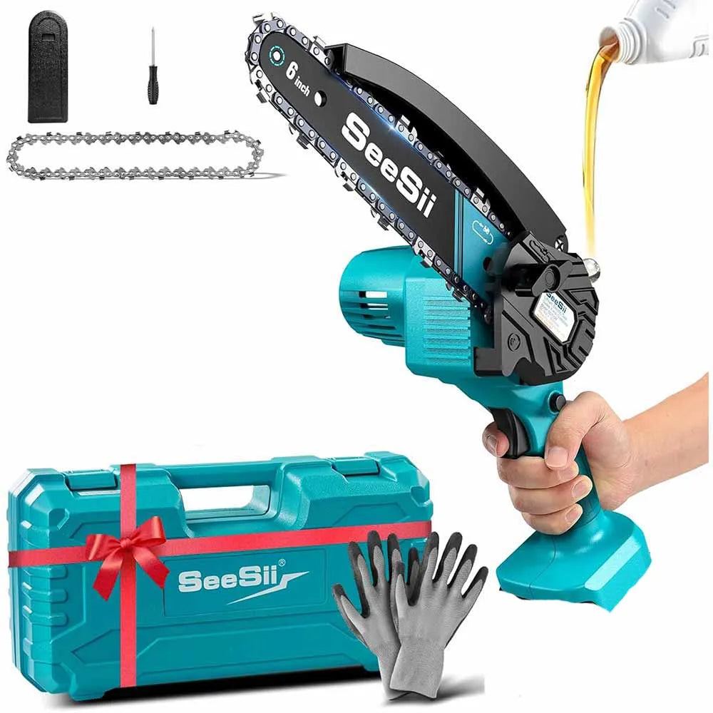 SEESII 6'' Cordless Mini Chainsaw 15.2cm Electric Saw Rechargeable Woodworking Garden Pruning Saw for Makita 18V Battery Pin