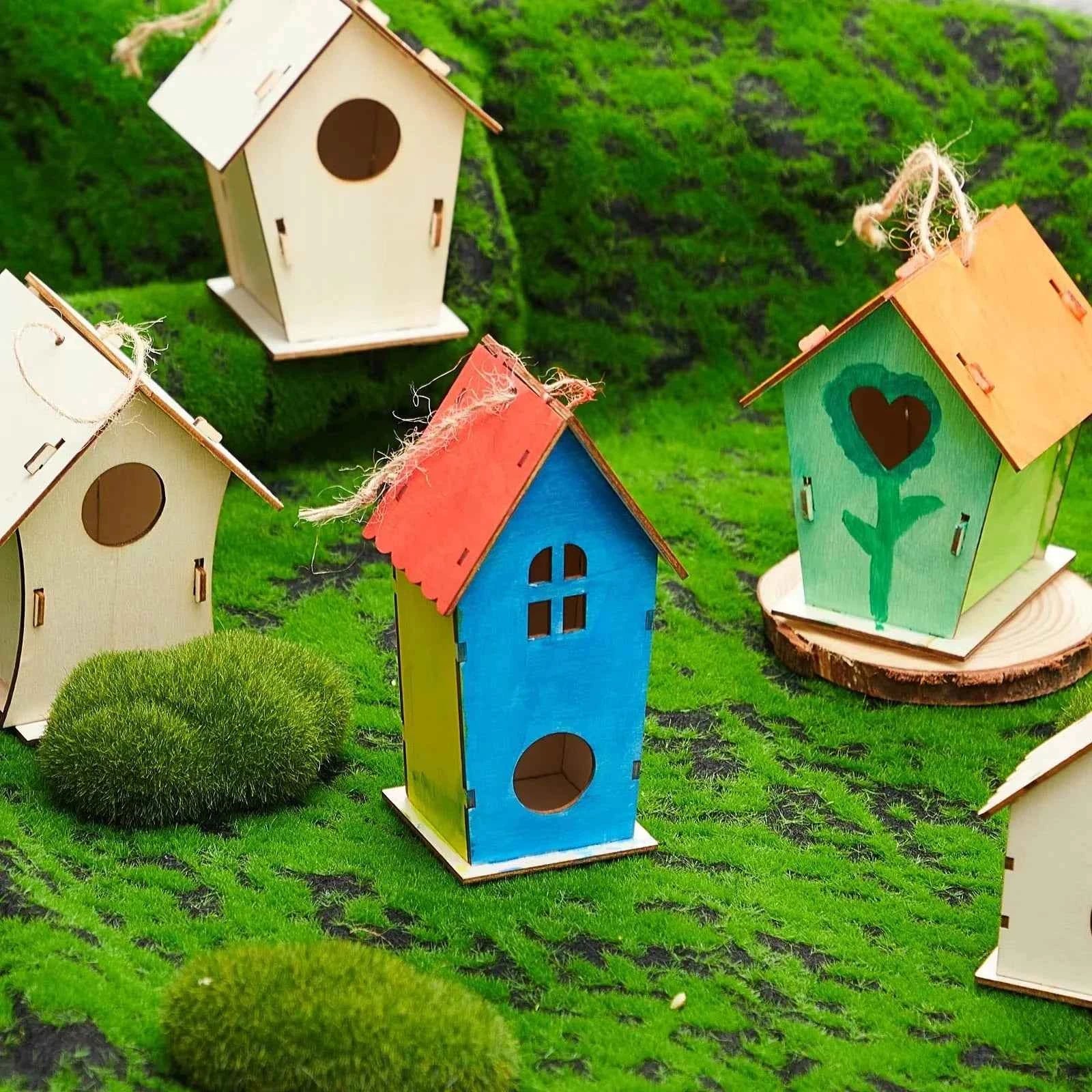 Wooden DIY Bird Nest House Outdoor Hanging Birdhouse Box With Hemp Rope for Painting DIY Outdoor Garden Yard Decoration