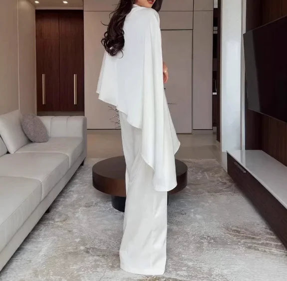 Two Piece Set Women Outfit 2026 Spring Autumn New Solid Color Satin Irregular Hem Shawl Top & High Waist Wide Leg Pants Set