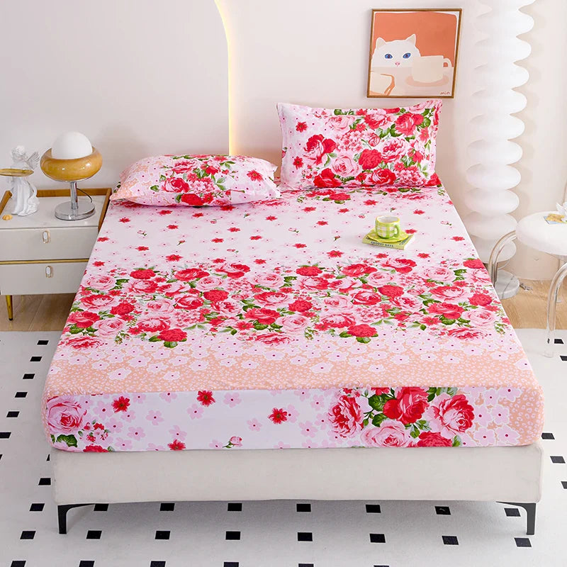 Red Flower Printed Bed Sheet Sets Queen/King Size sabanas cama matrimonial Reactive Printed Fitted Bedsheets for Double Bed
