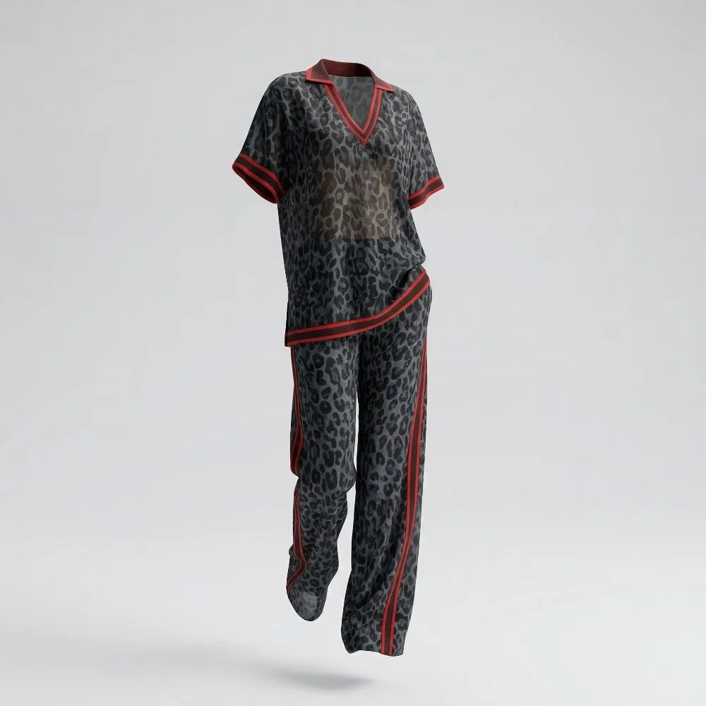 Women's Leopard Print Two Piece Outfit - Short Sleeve V-Neck Top & Wide Leg Pants Set Red Striped Trim Semi-Sheer Chiffon Set