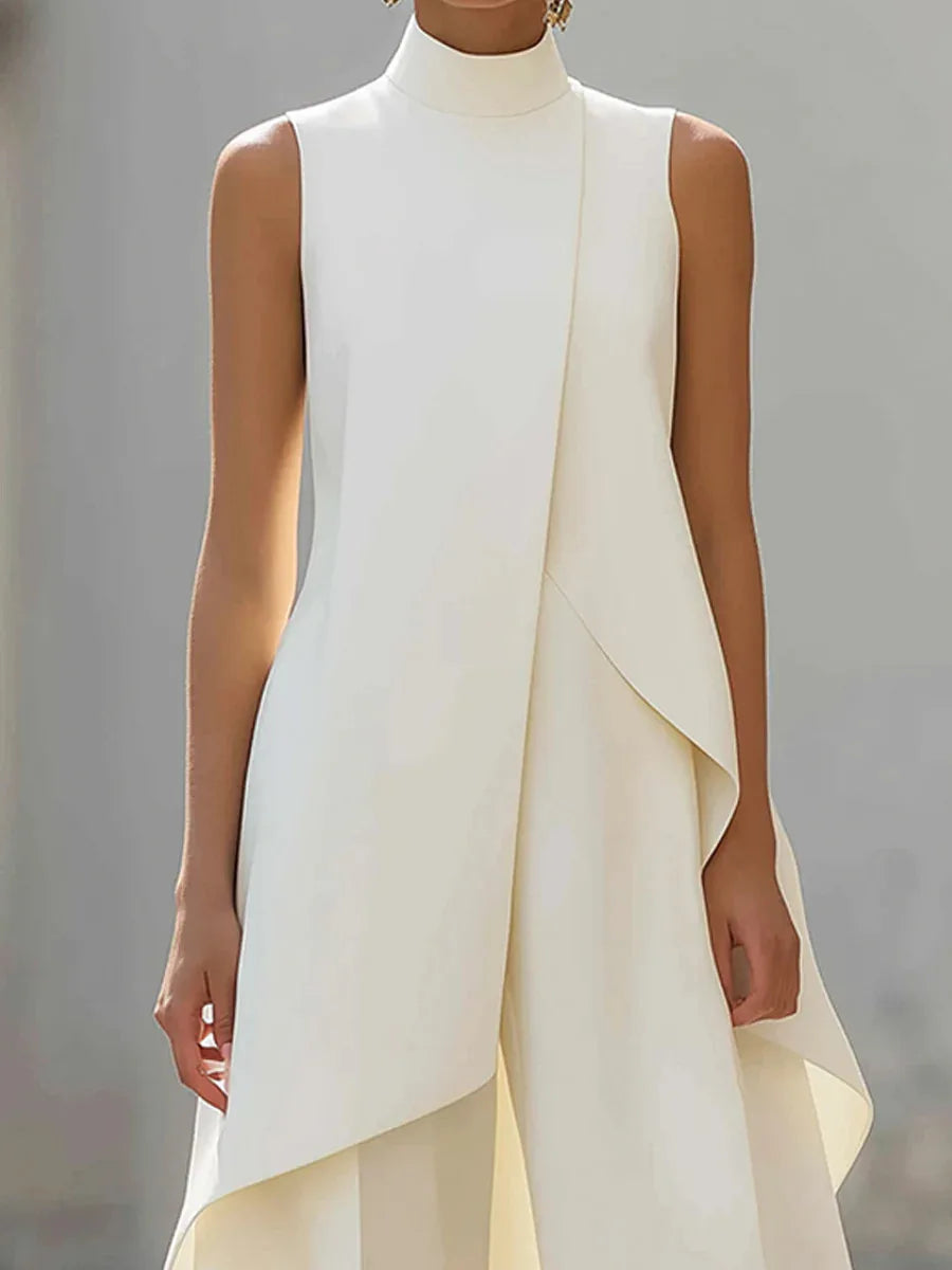Women High Neck Sleeveless Asymmetric Tunic Wide Leg Pants Set Elegant Formal Business Office Two Piece Outfit