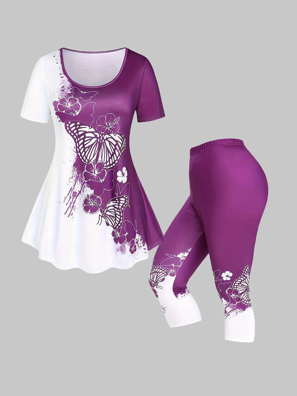 Plus Size Ladies Suit Round Neck Summer Leisure Butterfly Print Round-Neck Short-Sleeved T-Shirt Printed Pants Two-Piece Set