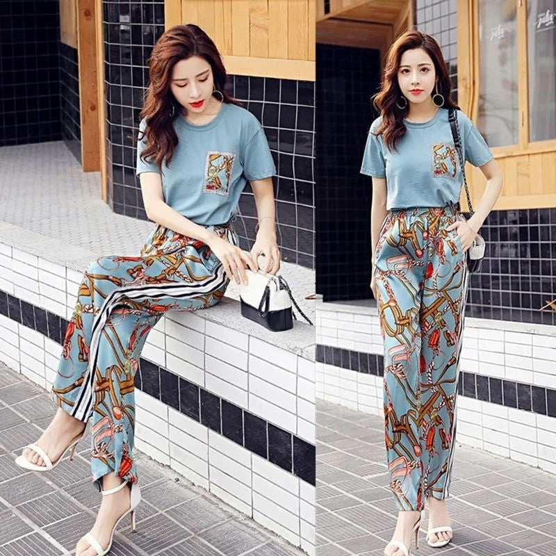 Women Suit 2025 Summer New Korean Style Short Sleeve Tops Fashion Wide Leg Pants 2 Two Piece Set Casual Plus Size Female Outfits