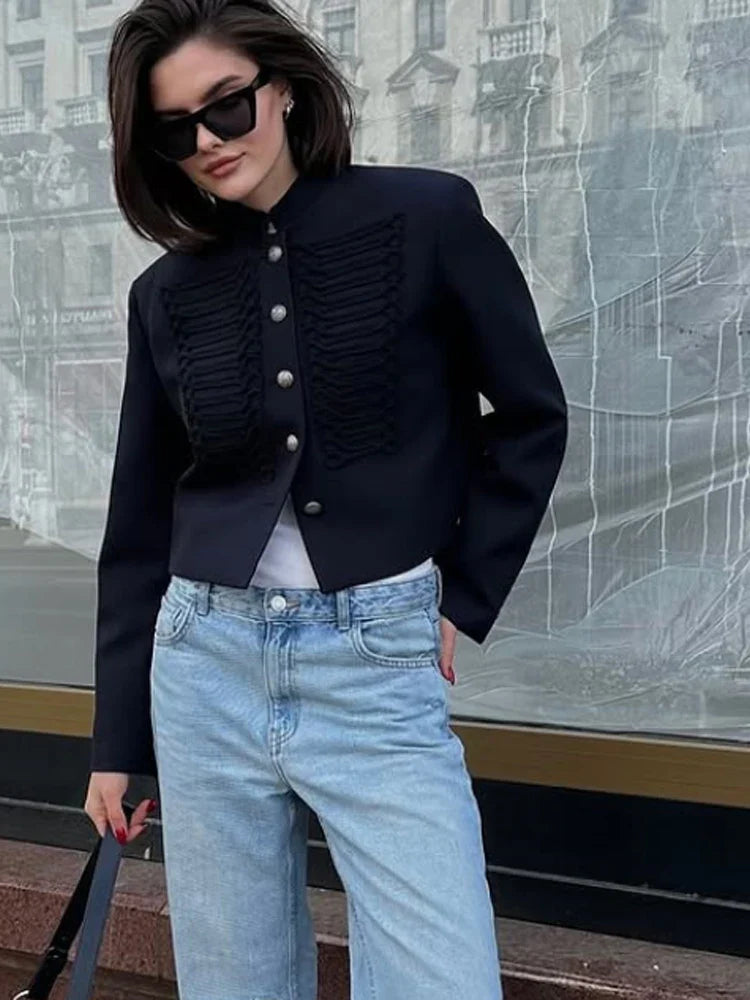 Retro Denim Military Jacket Women Vintage Solid Single Breasted Stand Collar Slim Short Jackets 2026 Lady Daily Street Outerwear
