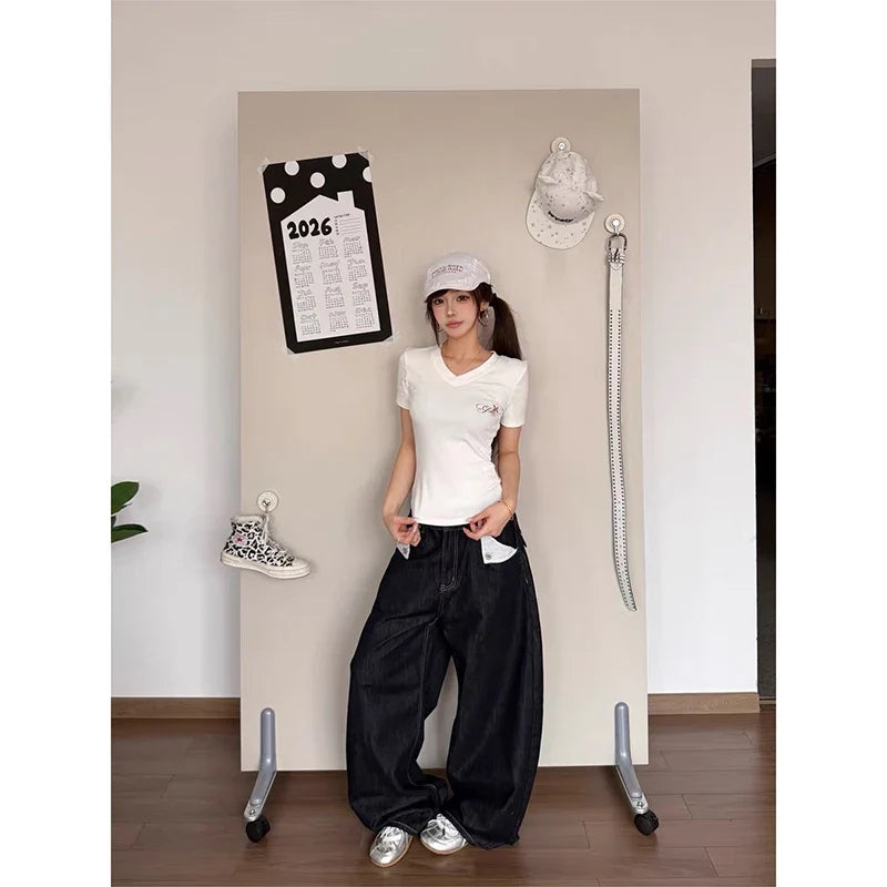 YIBASHU Women Jean Baggy Black Wide Fit Denim Pants Boyfriend Punk Grunge Y2K Japanese Harajuku 2000s High Street American Retro