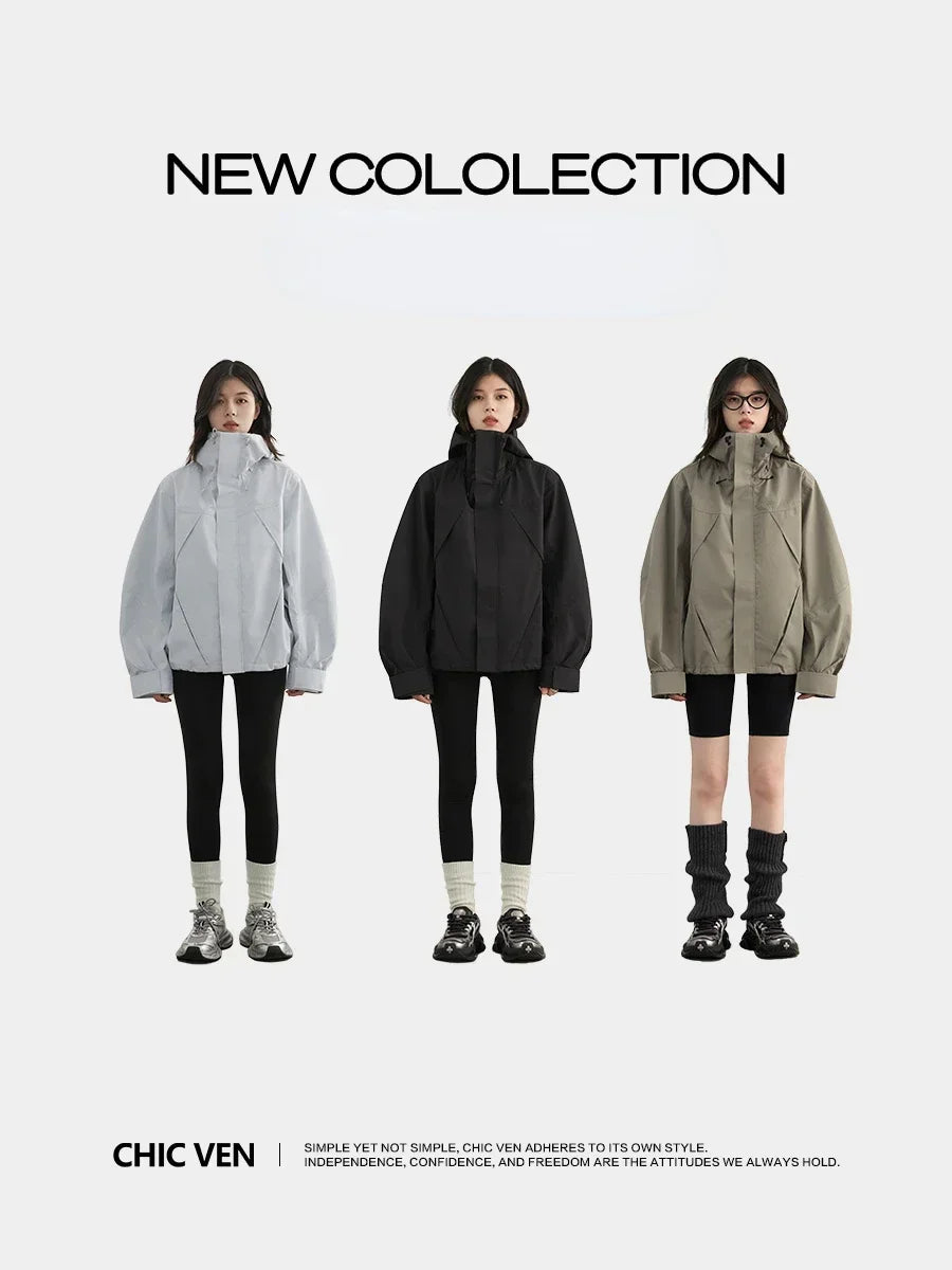 CHIC VEN Women Jacket Loose Solid Outdoor Jackets Casual Sports Hooded Short Coat Windproof Female Clothing Autumn Winter 2024