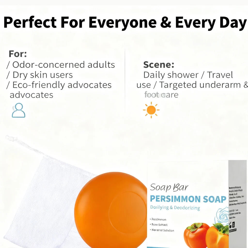 Persimmon Soap Bar Japanese Persimmon & Green Tea Extract For Men and Women Gentle on All Skin Types Deodorizing Soap Rose Scent