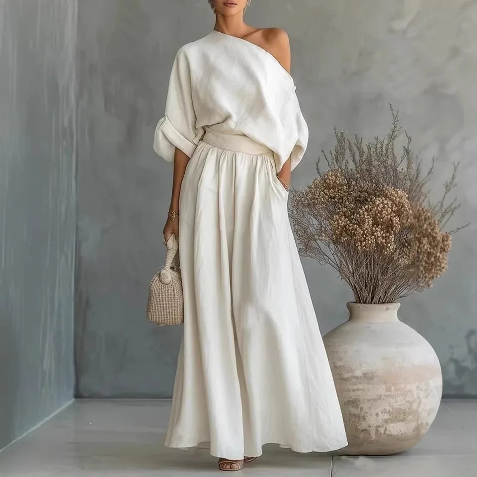 2026 Elegant Two-piece Short Sleeve Top & Casual Pants Set Woman Sexy Slash Neck Solid Suit Outfit Spring Fall Female Clothing