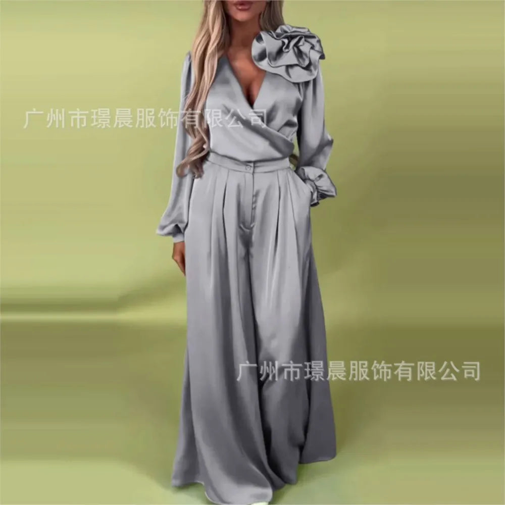 Fashion Solid Color Satin Long Sleeve Shirt Women 2 Piece Spring Autumn New Casual Loose Wide Leg Pants Pocket Female Office Set