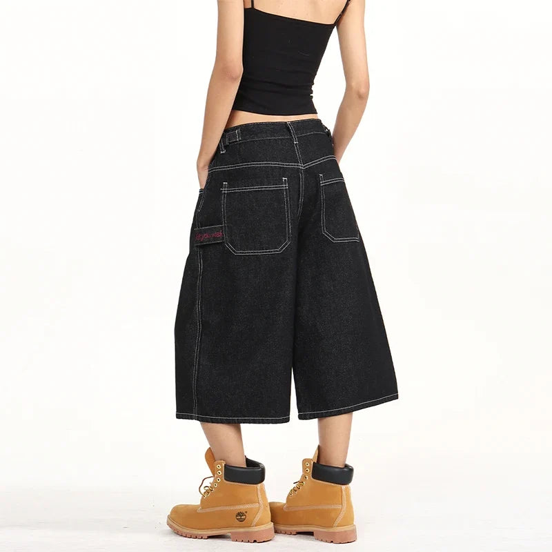 American Retro Baggy Wide Leg 3/4 Length Jean Women Y2K  Vintage Spring Summer Streetwear Skater Pants Casual Simple Daily Wear