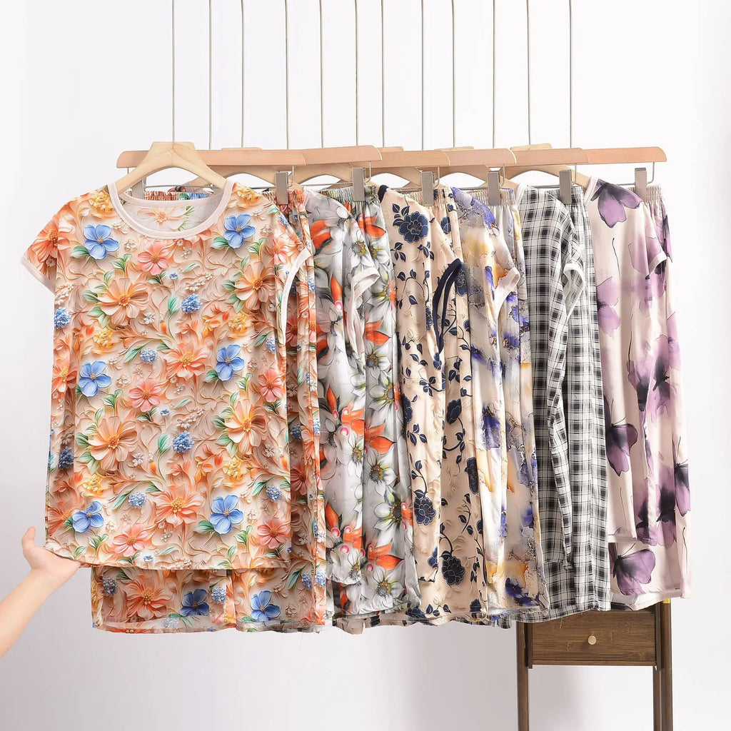 XL to 6XL Plus size Summer Pajamas set short sleeve Tshirt and Capri Pants Floral Print Loose homewear suits comfort sleepwear