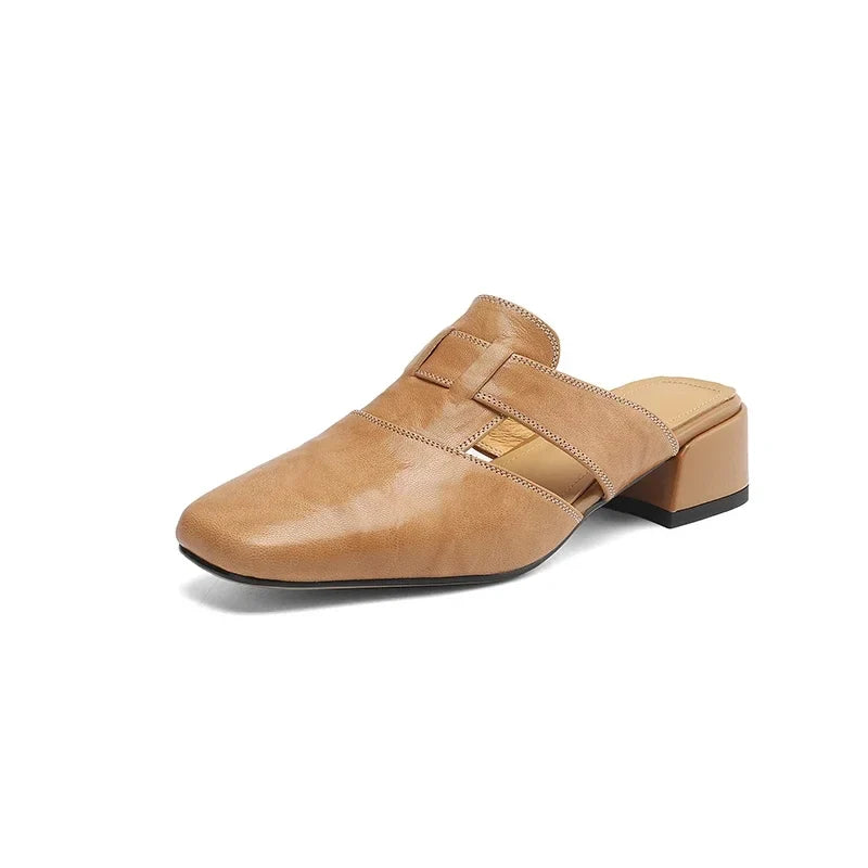 2026 Outside Summer Women Mules Genuine Leather Women Shoes Cover Toe Chunky Med Heel Slippers Concise Modern Slippers Sandals