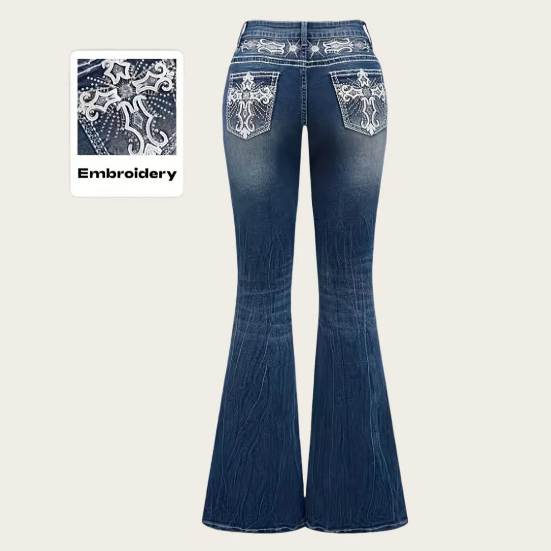 2026Trendy Y2K Style Flare Jeans for Women Dark Wash Skinny Fit with Rhinestone Embroidery Pocket Streetwear Casual Denim